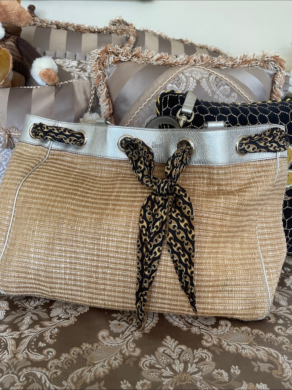 Gucci Beige Straw Tote with Silver Trim and Black-Gold Scarf Accent